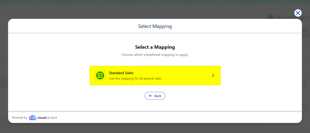 The Select a Mapping step with the Standard Sales mapping highlighted