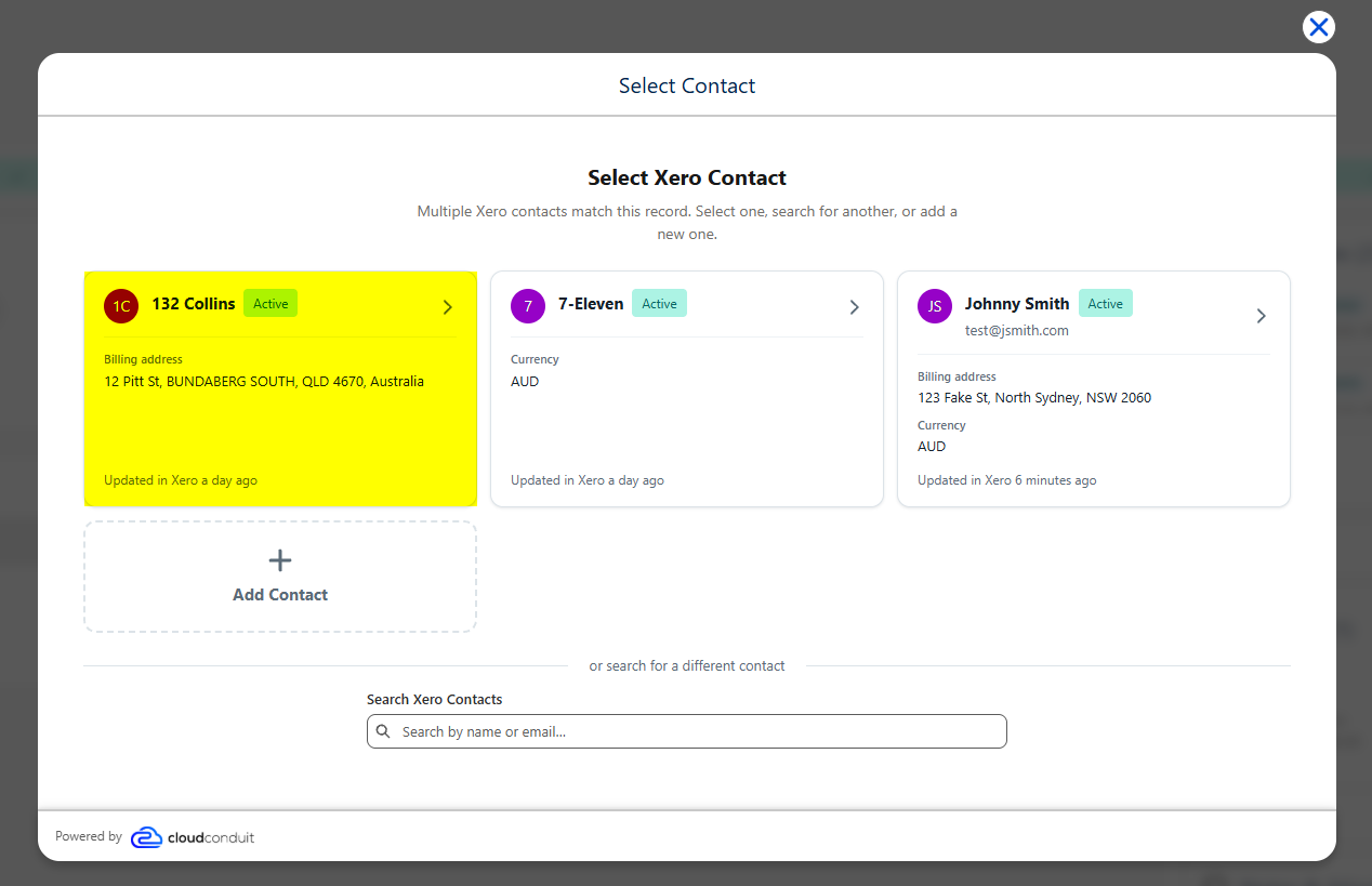 The Select Xero Contact step with three matched contacts, the 132 Collins contact highlighted, and the Add Contact tile below