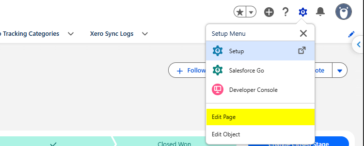 The Setup menu on a record page with Edit Page highlighted