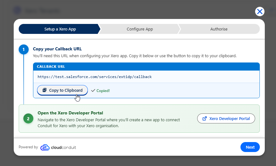 Setup a Xero App step showing the Callback URL and a link to the Xero Developer Portal
