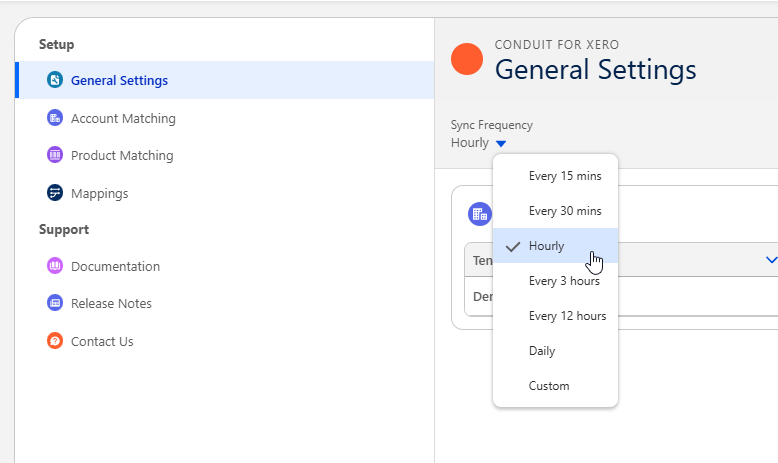The Sync Frequency menu open in the Conduit for Xero page header, with Hourly ticked