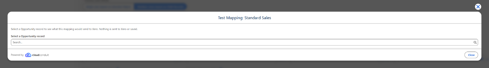 The Test Mapping dialog for Standard Sales, with a search box for selecting an Opportunity record