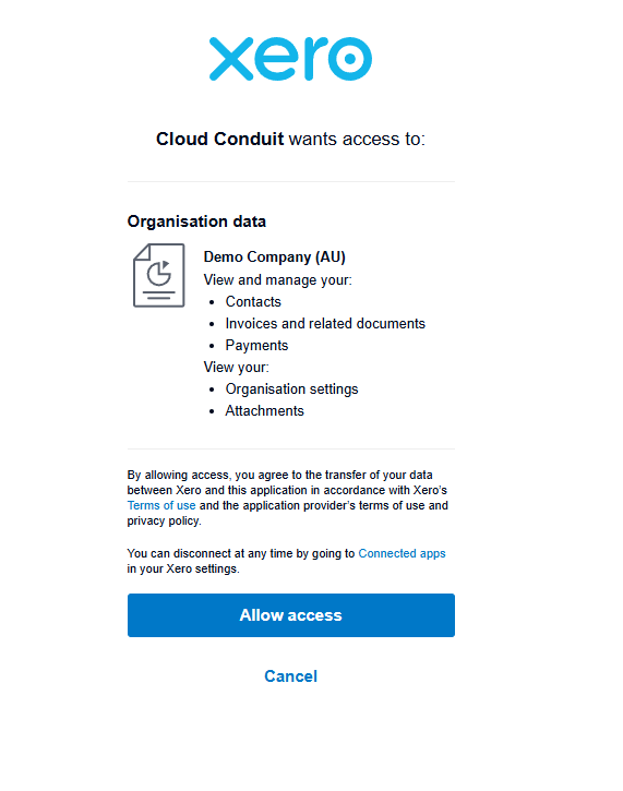 Xero consent screen with the Allow access button