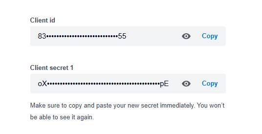 Configuration tab showing the Client id and Client secret with Copy buttons