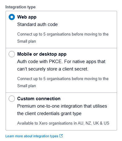 Integration type options with Web app selected