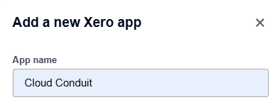 Add a new Xero app dialog with the App name set to Cloud Conduit