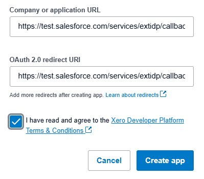 Company URL and OAuth 2.0 redirect URI fields with the Create app button
