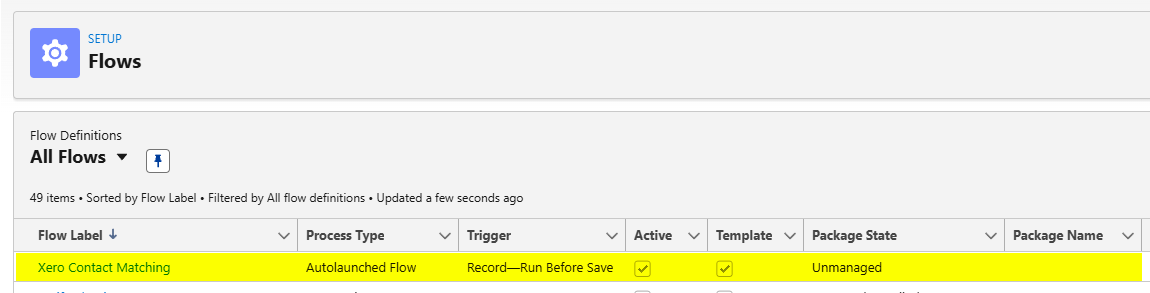 The Xero Contact Matching flow listed in Salesforce Setup as an active template Autolaunched Flow