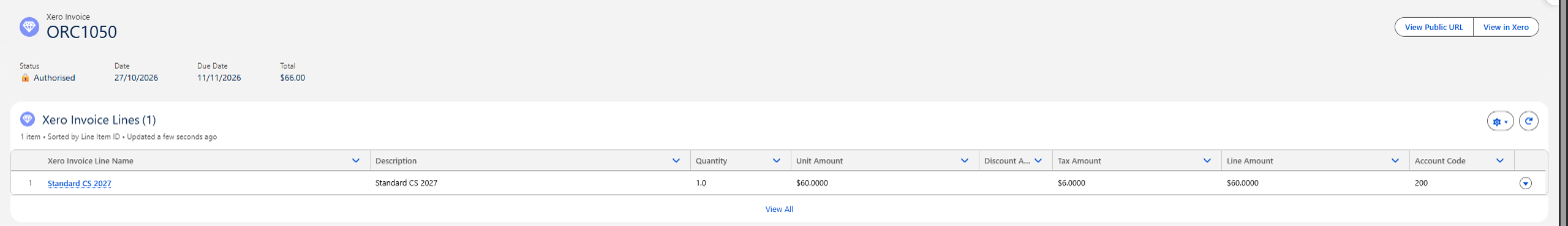 The Xero Invoice record for ORC1050 showing its Authorised status, dates, total and invoice line