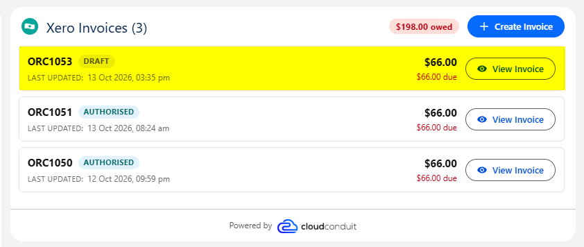 The Xero Invoices card with the new invoice ORC1053 at the top in Draft status for $66.00