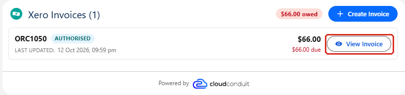 The Xero Invoices card listing invoice ORC1050 as Authorised with $66.00 due, and the View Invoice button outlined